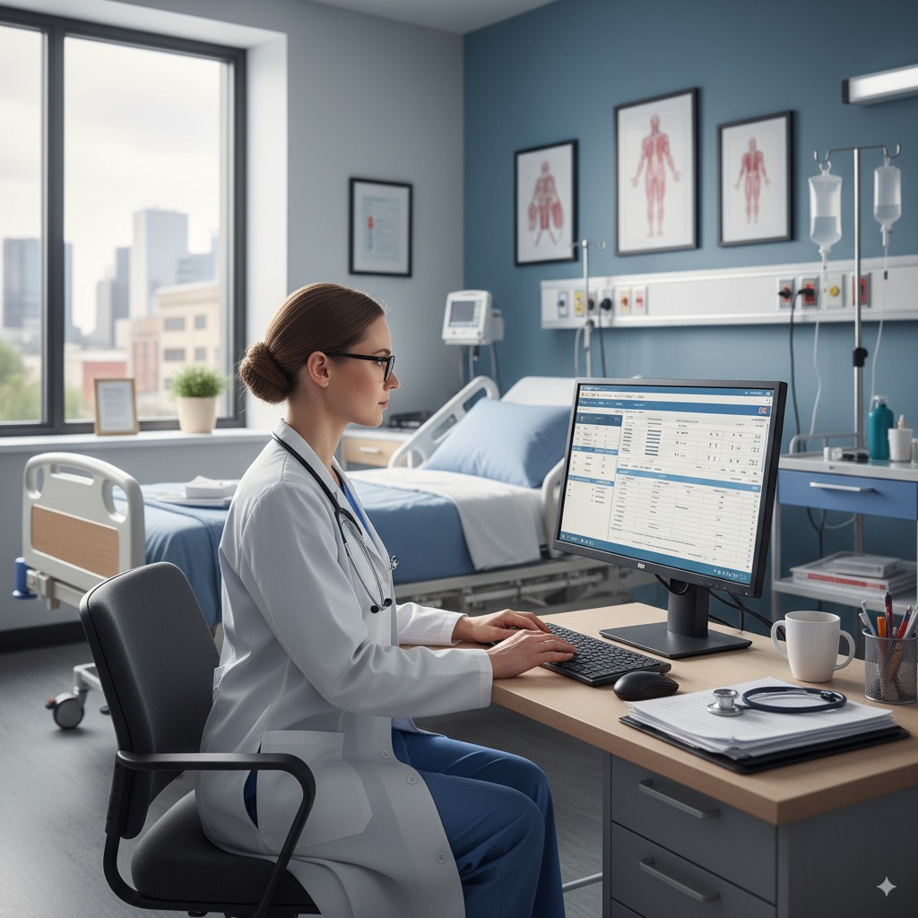 Healthcare professional using billing software